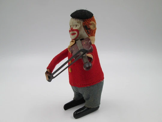 Schuco violinist clown toy. Tinplate & colours felt. Clockwork mechanism. Germany. 1930's