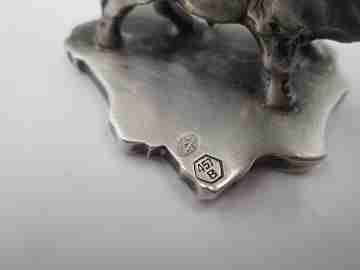 Sculpture / paperweight fighting bull on Spain map. 925 sterling silver. 1980's