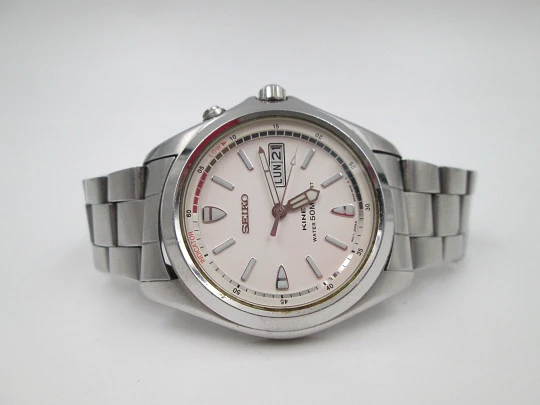 Seiko Kinetic. Stainless steel. Date & Day. Original bracelet. White dial Japan. 1990's