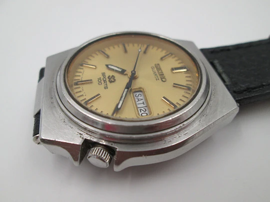 Seiko Sports 100. Acero inoxidable. Día y fecha. Cuarzo. 1980. Japón. Correa piel