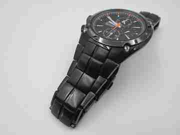 Seiko Sportura 100m quartz chronograph. PVD black steel. Alarm. Bracelet. 2000's. Japan