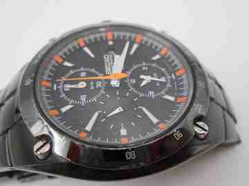 Seiko Sportura 100m quartz chronograph. PVD black steel. Alarm. Bracelet. 2000's. Japan