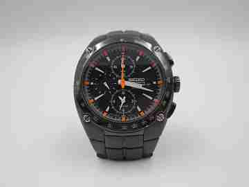 Seiko Sportura 100m quartz chronograph. PVD black steel. Alarm. Bracelet. 2000's. Japan