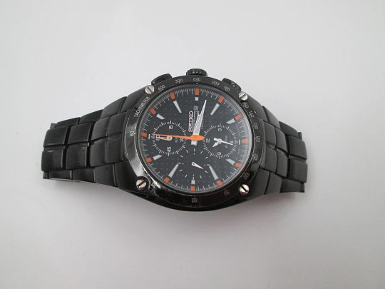 Seiko Sportura 100m quartz chronograph. PVD black steel. Alarm. Bracelet. 2000's. Japan