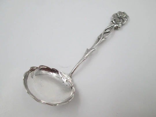 Serving spoon. 925 sterling silver. Openwork handle & wide head. Flower motif. 1970's