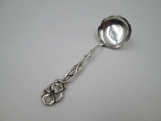 Serving spoon. 925 sterling silver. Openwork handle & wide head. Flower motif. 1970's