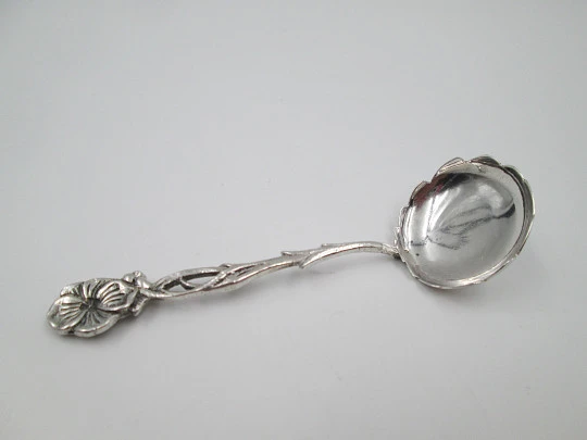 Serving spoon. 925 sterling silver. Openwork handle & wide head. Flower motif. 1970's