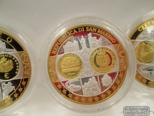 Set 3 coins. 50 euros. Silver. 24K gold plated. San Marino, Monaco and Vatican