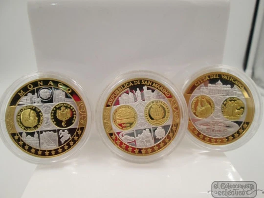 Set 3 coins. 50 euros. Silver. 24K gold plated. San Marino, Monaco and Vatican