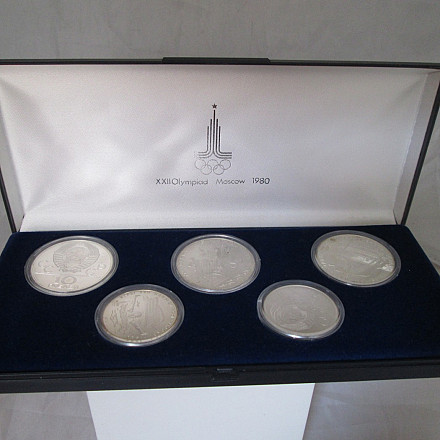 Set Five Sterling Silver Coins, Box, 1980's, Moscu Olympics