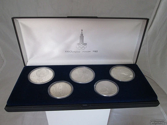 Set five sterling silver coins. Box. 1980's. Moscu Olympics. Rubles