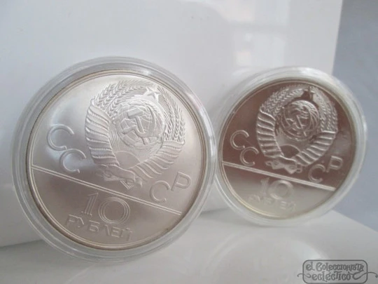 Set five sterling silver coins. Box. 1980's. Moscu Olympics. Rubles