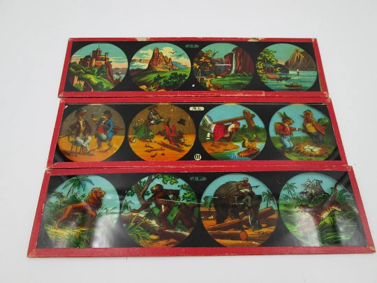 Set of 11 magic lantern slides. Ernst Plank Original box. Children's colour images. 1890