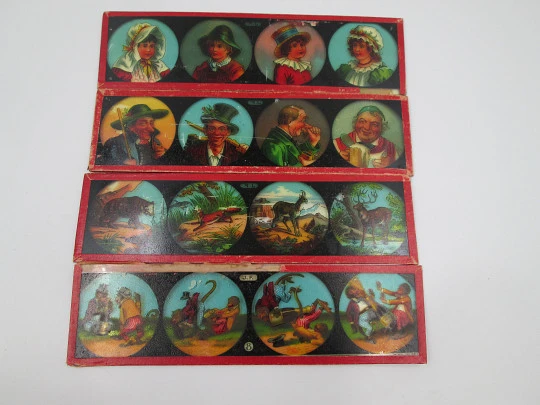 Set of 11 magic lantern slides. Ernst Plank Original box. Children's colour images. 1890