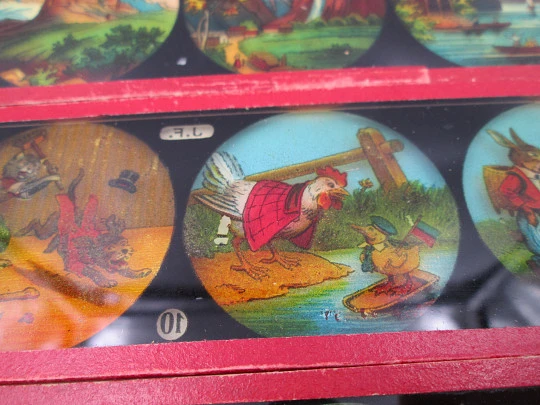 Set of 11 magic lantern slides. Ernst Plank Original box. Children's colour images. 1890