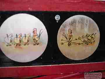 Set of 12 magic lantern slides. Original box. Johann Falk. 1910