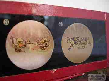 Set of 12 magic lantern slides. Original box. Johann Falk. 1910
