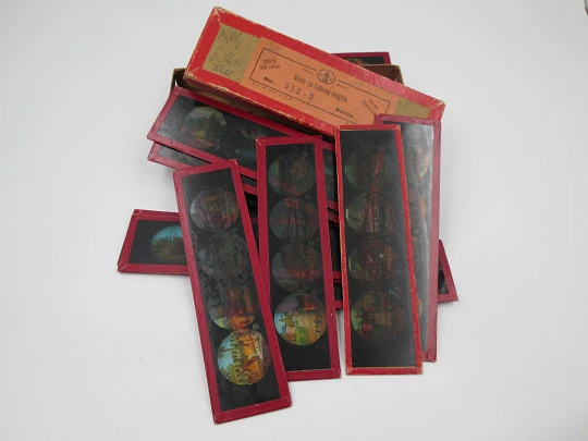 Set of 13 magic lantern slides. Ernst Plank Original box. Children's colour images. 1890