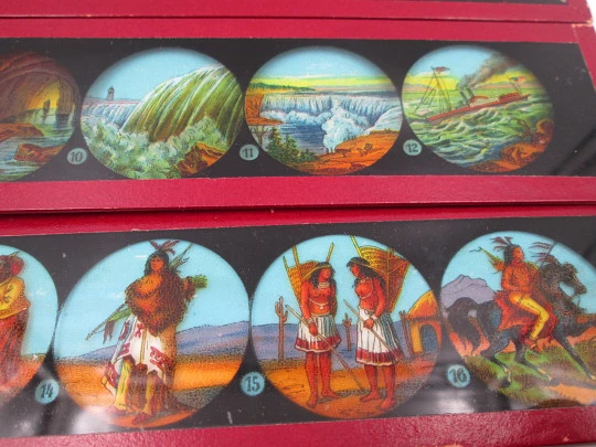 Set of 13 magic lantern slides. Ernst Plank Original box. Children's colour images. 1890