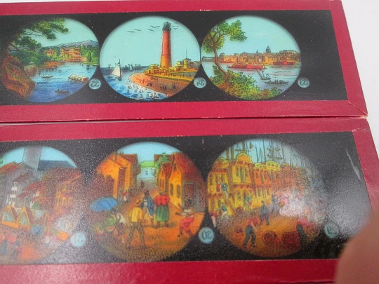 Set of 13 magic lantern slides. Ernst Plank Original box. Children's colour images. 1890