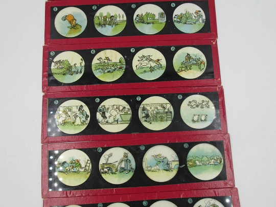 Set of 16 magic lantern slides. Ernst Plank Original box. Children's colour images. 1890