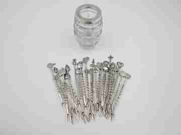 Set of 27 cocktail appetizer forks skewers with cut crystal stand. Sterling silver. 1990's