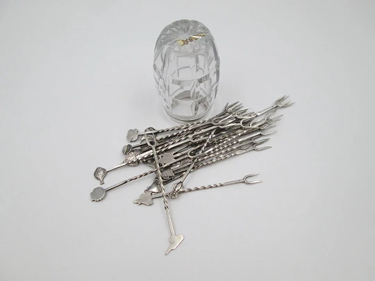 Set of 27 cocktail appetizer forks skewers with cut crystal stand. Sterling silver. 1990's