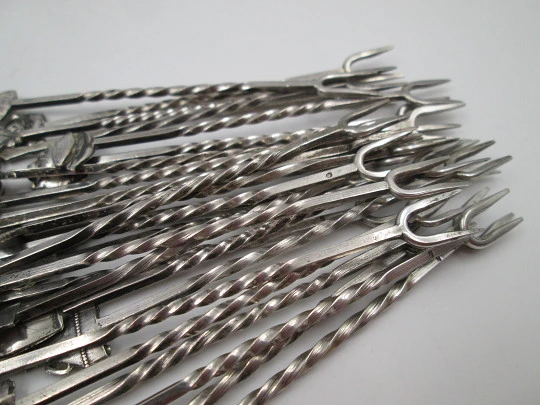 Set of 27 cocktail appetizer forks skewers with cut crystal stand. Sterling silver. 1990's