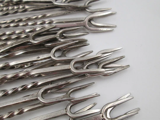 Set of 27 cocktail appetizer forks skewers with cut crystal stand. Sterling silver. 1990's