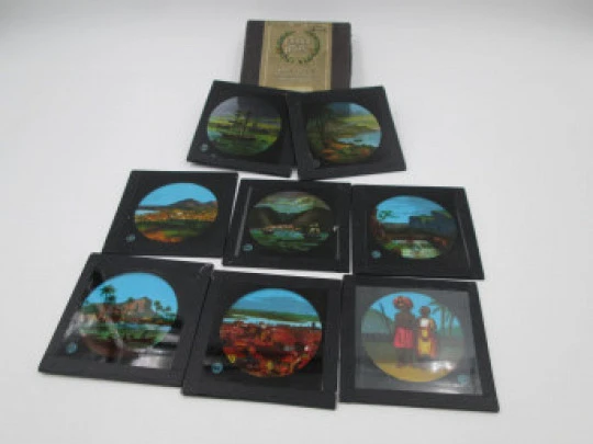 Set of 8 glass photographic colour plates. Kranseder & Cie. Exotic lands. Box. 1910's