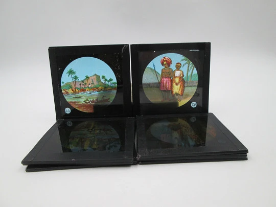 Set of 8 glass photographic colour plates. Kranseder & Cie. Exotic lands. Box. 1910's