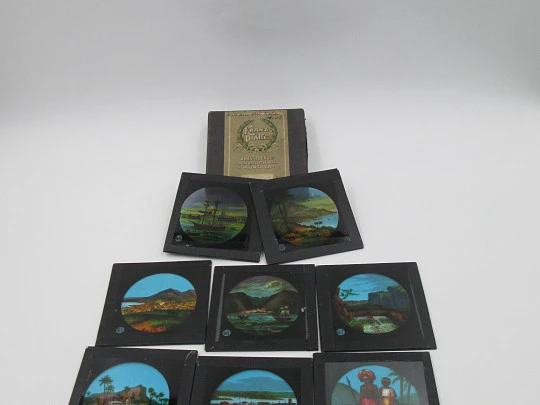 Set of 8 glass photographic colour plates. Kranseder & Cie. Exotic lands. Box. 1910's