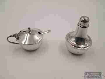 Set of salt cellar with spoon and pepper shaker with stand. Silver. 1940's