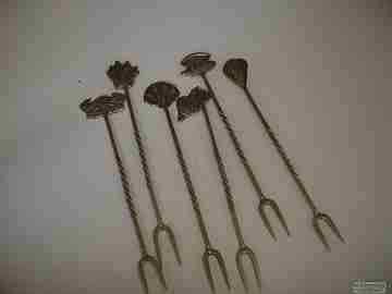 Set of six sterling silver cocktail picks. 1980's. Seafood motifs