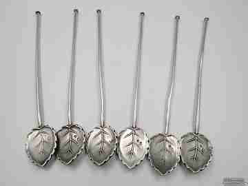 Set of six sterling silver cocktail straws. 1980's. Leaves