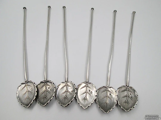 Set of six sterling silver cocktail straws. 1980's. Leaves