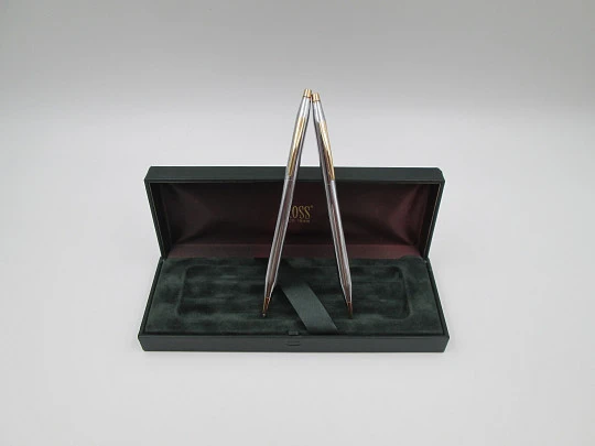 Set portaminas y bolígrafo Cross Classic. Metal cromado y chapados oro. Estuche. 2000