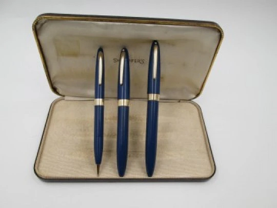 Set Sheaffer's Statesman. Estilográfica Vac-filler, lápiz y bolígrafo. Azul persa