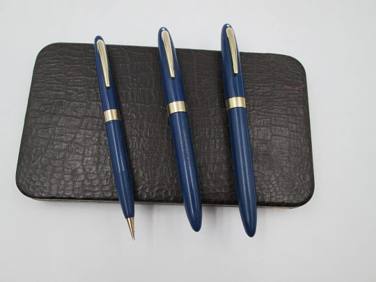 Set Sheaffer's Statesman. Estilográfica Vac-filler, lápiz y bolígrafo. Azul persa