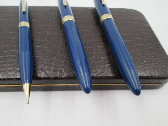 Set Sheaffer's Statesman. Estilográfica Vac-filler, lápiz y bolígrafo. Azul persa