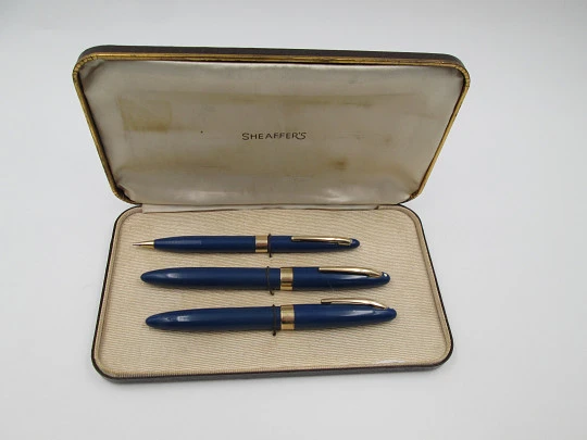 Set Sheaffer's Statesman. Estilográfica Vac-filler, lápiz y bolígrafo. Azul persa