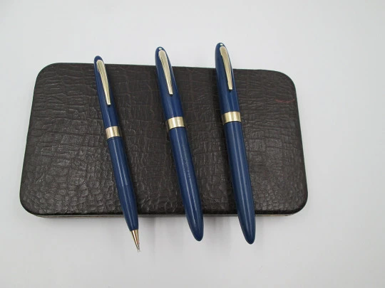 Set Sheaffer's Statesman. Estilográfica Vac-filler, lápiz y bolígrafo. Azul persa