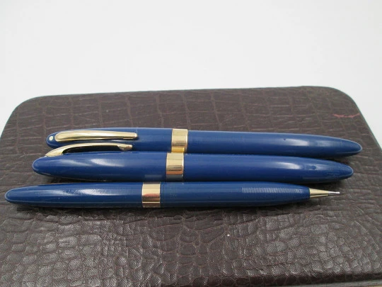 Set Sheaffer's Statesman. Estilográfica Vac-filler, lápiz y bolígrafo. Azul persa