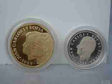 Set sterling pure silver two coins. 2000. King Juan Carlos I. Vermeil