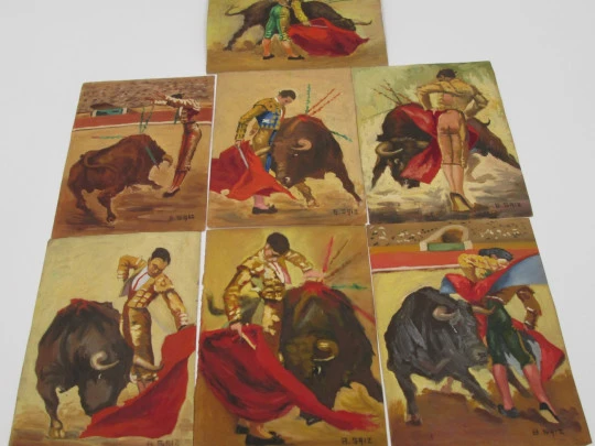 Seven oil. 1910-20's. B. Saiz. Bullfighting. Parchment