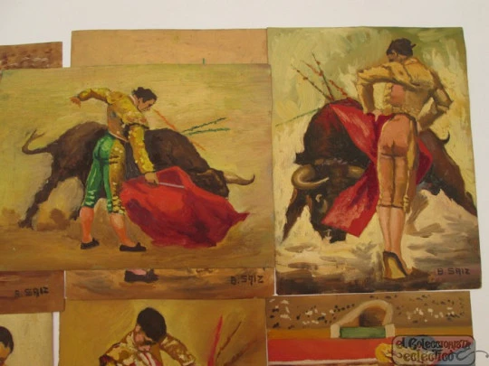 Seven oil. 1910-20's. B. Saiz. Bullfighting. Parchment