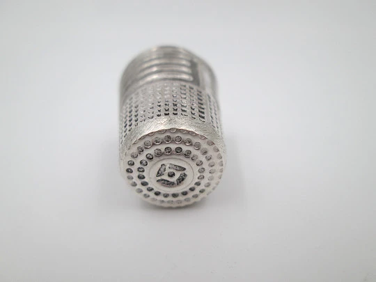 Sewing thimble. Sterling silver. High-relief owl motif. Geometric pattern. Europe. 1960's