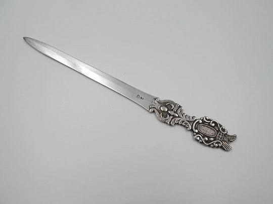 Shield letter opener. Silver plated metal. Vegetable motifs. Holland. 1980's