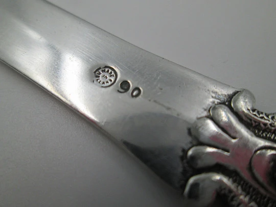 Shield letter opener. Silver plated metal. Vegetable motifs. Holland. 1980's