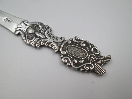 Shield letter opener. Silver plated metal. Vegetable motifs. Holland. 1980's